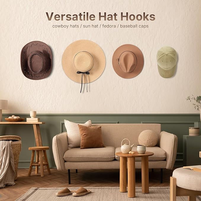 SEKSON Cowboy Hat Rack for Wall, 4 Pack Wooden Hat Holder, Wide Brim Hat Hooks, Wall Mount Hat Hanger for Baseball Caps, Fedoras, Straw Hats