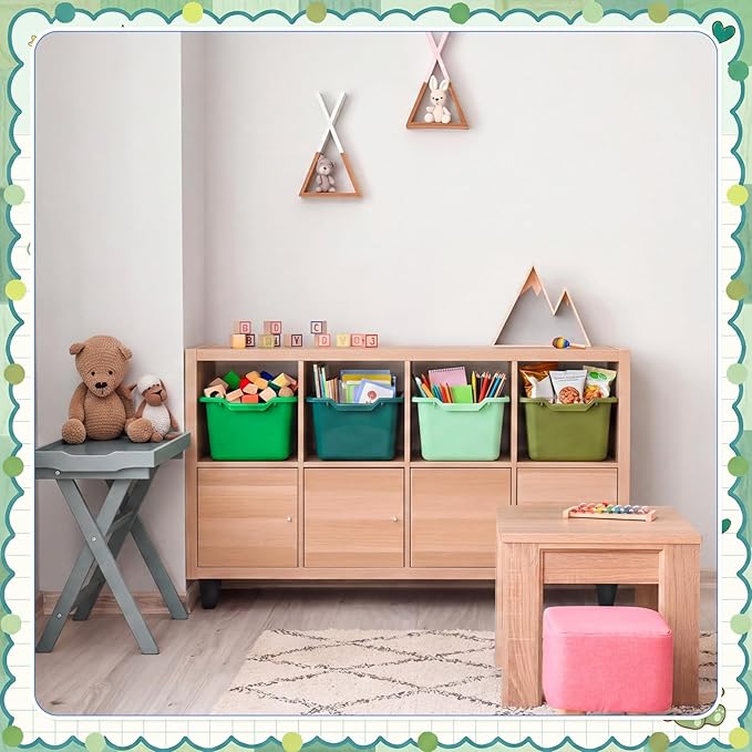 Dandat 16 Pcs Plastic Book Bins for Classroom Library Cubby Bins Scoop Front Stackable Toy Storage Tubs Containers for School Office Home Nursery Playroom Organization (Green Series)