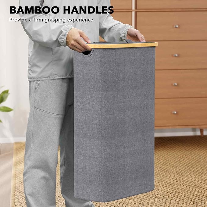 SpaceAid Slim Laundry Hamper with Lid, 65L Narrow Clothes Basket Bin with Bamboo Handles, Skinny Tall Collapsible Hamper for Bedroom, Bathroom, Dorm, Laundry Room - Grey