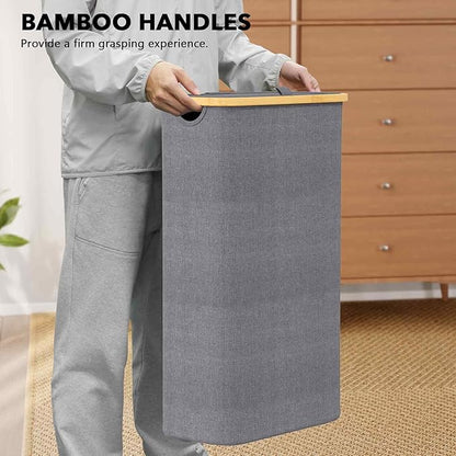 SpaceAid Slim Laundry Hamper with Lid, 65L Narrow Clothes Basket Bin with Bamboo Handles, Skinny Tall Collapsible Hamper for Bedroom, Bathroom, Dorm, Laundry Room - Grey