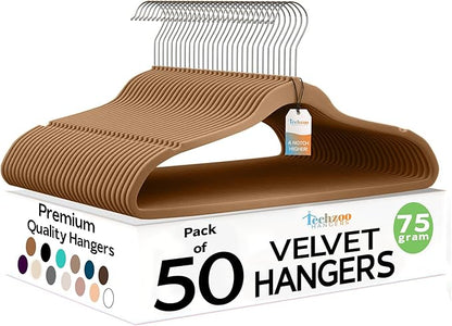 Techzoo 50 Pack New Premium Quality Velvet Hangers Ultra Thin Non Slip Adult Felt Space Saving Hangers for Closet Heavy Duty Coat Pants Jackets Dress Hangers 360° Swivel Hook Hold Upto 10 lbs Bronze
