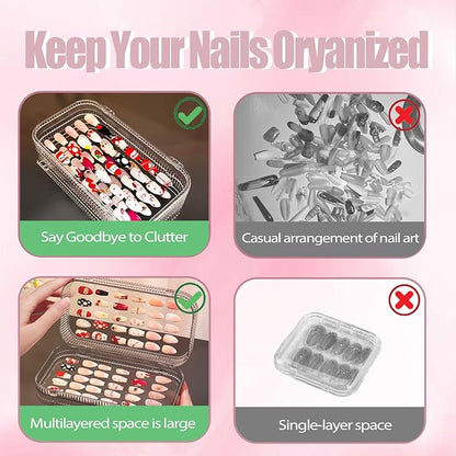 Large Tri-Fold Press On Nail Organizer Case - 4-Page Portable Storage Box for Fake Nails, Clear PET Plastic Travel Holder (6×3.2×1.8 inch) Texture 2Pcs