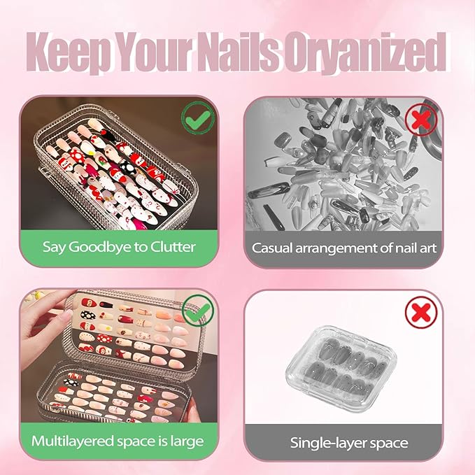 Large Tri-Fold Press On Nail Organizer Case - 4-Page Portable Storage Box for Fake Nails, Clear PET Plastic Travel Holder (6×3.2×1.8 inch) Texture