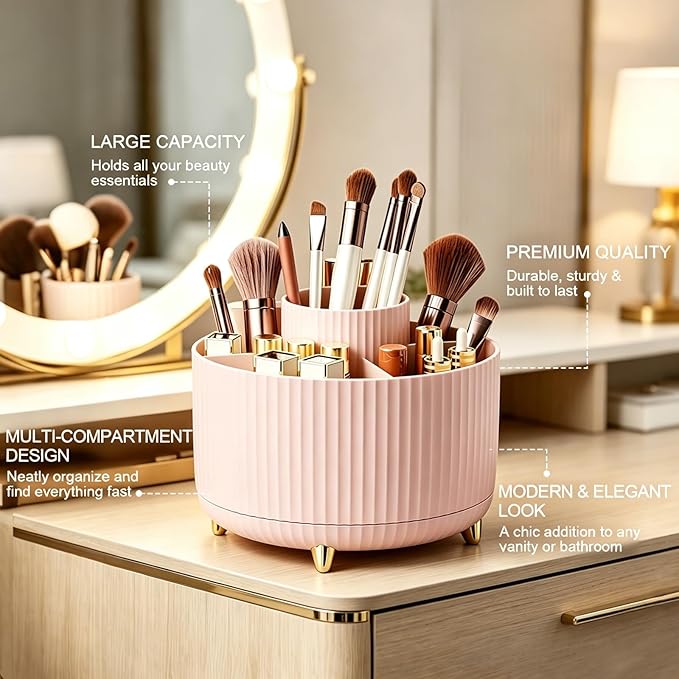 Makeup Brush Holder, Makeup Brush Organizer Countertop, Skincare Makeup Cosmetic Perfume Organizer Storage Box Case for Vanity Bathroom Countertop(Pink)