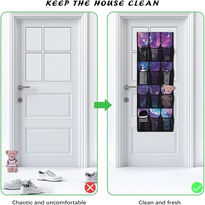 Blue Butterfly Over The Door Organizer, 12 Mesh Pockets Breathable Hanging Storage for Bedroom & Closet, Elegant Design for Scarves, Hats & Accessories