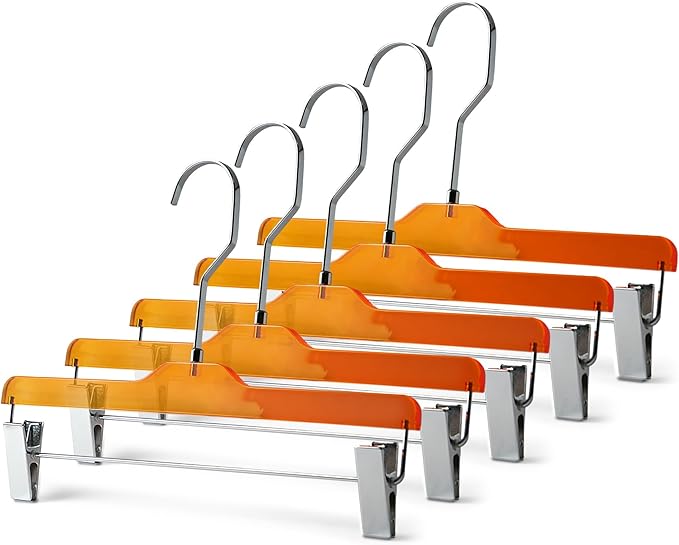 Acrylic Clip-Hangers Orange for Pants, Skirts and Shorts with 360 Degree Silver/Golden Hook | Space Saving & Non-Slip | 5 Pack