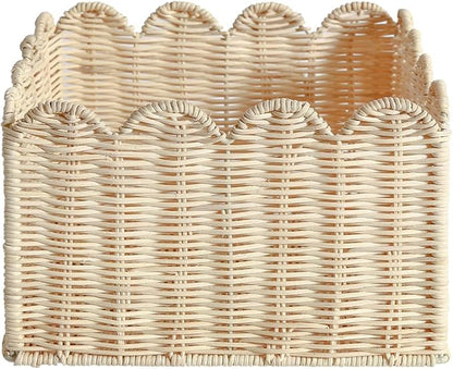 Scalloped Basket, Wicker Storage Baskets, Hand Woven Baskets for Shelves,Natural Baskets for Organizing (Rattan&S-9.5" L x 9.5" W x 5.6" H)