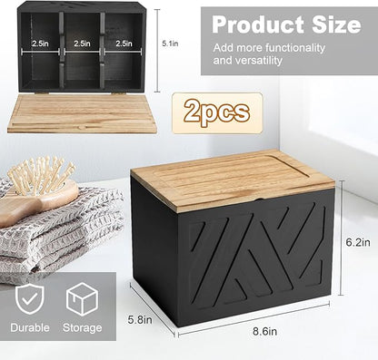 2Pcs Tampon Holder for Bathroom Decor, Feminine Product Organizer, Shark Week Tampon Storage with Lid, Wood Pad Box for Toilet, Lady Girl Stuff Organizer Case Bathroom Accessories- Black