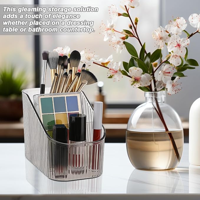 4 Pcs Vintage Striped Make Up Brush Holder, 3 Slot Makeup Brush Cup Large Capacity Makeup Brush Holder Cosmetic Display Case for Vanity Decor Hairbrush Bathroom Countertop Organizer, Gray