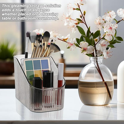 4 Pcs Vintage Striped Make Up Brush Holder, 3 Slot Makeup Brush Cup Large Capacity Makeup Brush Holder Cosmetic Display Case for Vanity Decor Hairbrush Bathroom Countertop Organizer, Gray
