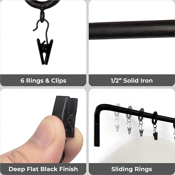 Wall Mounted Hat Display Rack, 35 inch Iron Rod with 6 Clips, Handcrafted, Antique Black