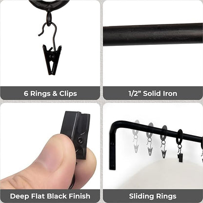 Wall Mounted Hat Display Rack, 35 inch Iron Rod with 6 Clips, Handcrafted, Antique Black