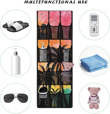 Coconut Trees Hanging Storage Bags,Shoe Organizer Door Hanger with 12 Mesh Large Pockets,Space Saver Hanging Shoe Storage Hanging Bag
