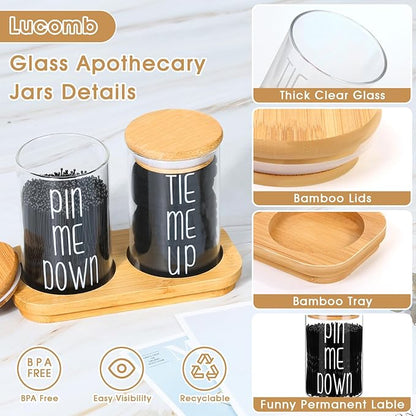 Funny Apothecary Jars 2 Pack Hair Tie Holder Organizers Bathroom Canisters with Tray Bobby Pin Holder Bathroom Jars Accessories Set with Lids for Bathroom décor Farmhouse Bathroom Storage Organization