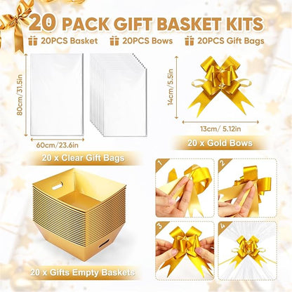 20PACK Gold Baskets for Gifts Empty, 12x10x4” Thick Cardboard Gift Basket Kit with 20 Bows & 20 Bags - Kraft Empty Gift Baskets for Christmas, Weddings, Birthdays, Bulk Gifting