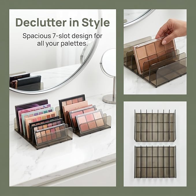 2 Pack Makeup Palette Organizer, 7-Slot Acrylic Eyeshadow Palette Organizer for Drawer or Vanity, Smoky Gray Cosmetic Holder for Palettes, Lipsticks & Compacts
