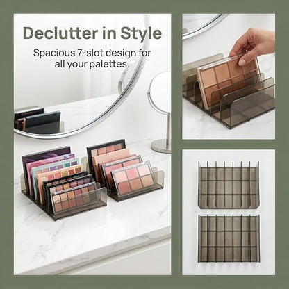 2 Pack Makeup Palette Organizer, 7-Slot Acrylic Eyeshadow Palette Organizer for Drawer or Vanity, Smoky Gray Cosmetic Holder for Palettes, Lipsticks & Compacts