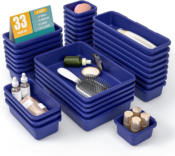 33 PCS Drawer Organizer Set, 4 Size Makeup Drawer Divider Organizer With Non-Slip Pads, Interlocking Plastic Storage Bins for Office,Jewelry Vanity,Gadgets, Bathroom,Kitchen, Navy