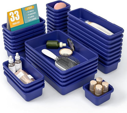 33 PCS Drawer Organizer Set, 4 Size Makeup Drawer Divider Organizer With Non-Slip Pads, Interlocking Plastic Storage Bins for Office,Jewelry Vanity,Gadgets, Bathroom,Kitchen, Navy