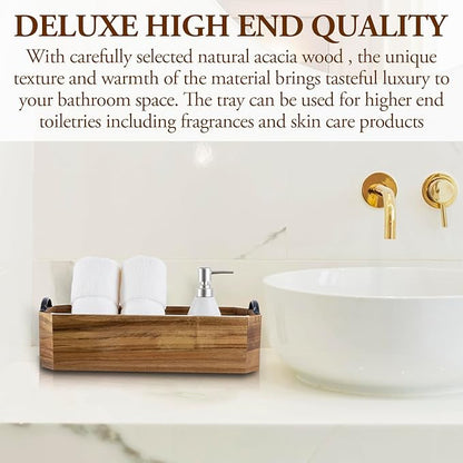 MyGift Wooden Bathroom Tray - Toilet Tank Organizer Basket, Wood Toilet Paper Holder & Toiletry Caddy with Metal Handles for Vanity Countertop