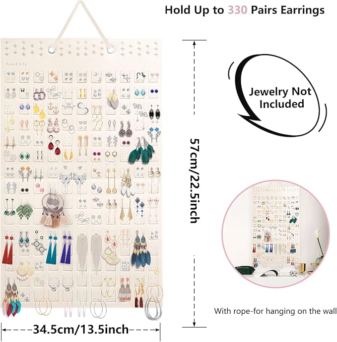 Earring Organizer, Hanging Earring Holder Holds Up To 330 Pairs, Felt Earrings Organizer and Storage, Wall Earring Holder Earring Display for Women Girls -1 Pack (White)