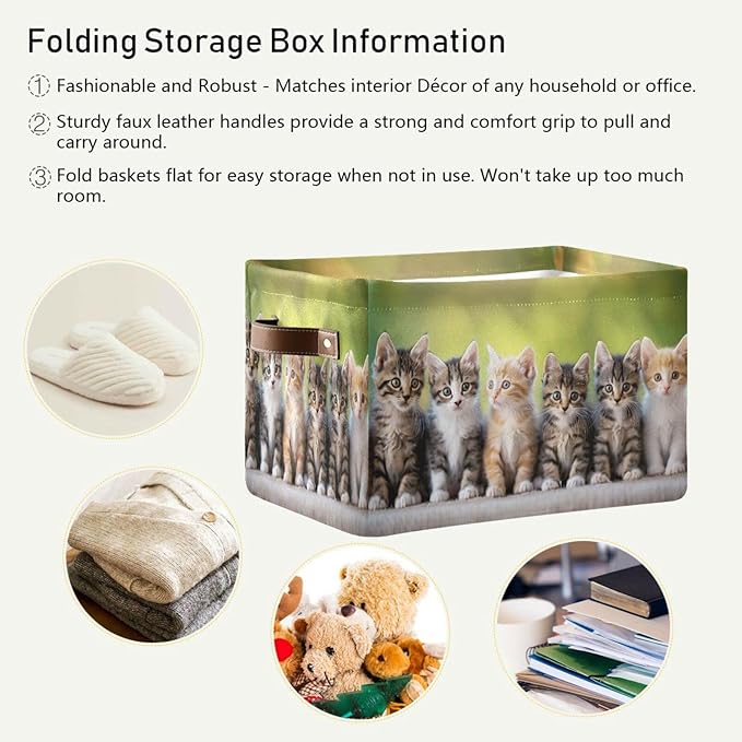 Large Storage Basket Cats Cute Kitten Storage Bin Cube Canvas Fabric Organizer Handles Collapsible for Clothes Toys Bedroom Decorative