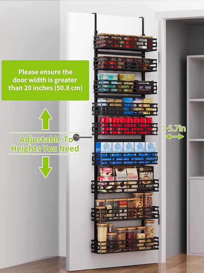 Over The Door Pantry Organizer, 9-Tier Pantry Organizers and Storage with Adjustable Basket, Hanging Spice Rack for Home & Kitchen, Laundry Room Bathroom, Black
