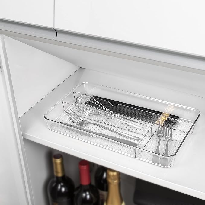 Lonian Multi-Purpose Drawer Organizer Tray, Clear PET Plastic Cutlery Utensil Divider, No-Slip Storage Box for Kitchen Drawer, Makeup, Bathroom, and Office Supplies