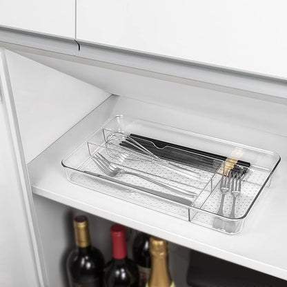 Lonian Multi-Purpose Drawer Organizer Tray, Clear PET Plastic Cutlery Utensil Divider, No-Slip Storage Box for Kitchen Drawer, Makeup, Bathroom, and Office Supplies