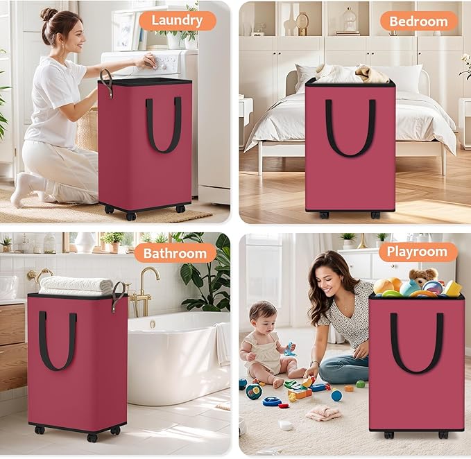SpaceTrove Laundry Basket with Wheels, Collapsible Laundry Baskets, Laundry Hamper with Handles Detachable Wheels, Rolling Laundry Basket, Dirty Clothes Hamper for Bathroom, Dorm, Bedroom, Red, 100L