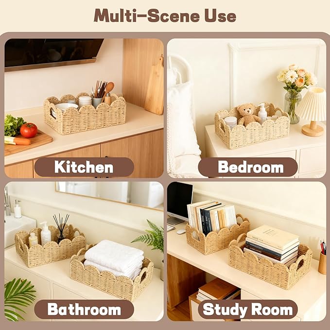 Hand Woven Paper Rope Scalloped Edge Decor Baskets for Home,Living Room, Bedroom,Storage over Above Behind Flush Tank,Toilet Basket,end Table,Shelves-Easily Fit with or Bedroom Decor,Set 3(Natural)