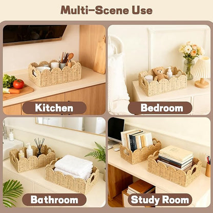 Hand Woven Paper Rope Scalloped Edge Decor Baskets for Home,Living Room, Bedroom,Storage over Above Behind Flush Tank,Toilet Basket,end Table,Shelves-Easily Fit with or Bedroom Decor,Set 3(Natural)