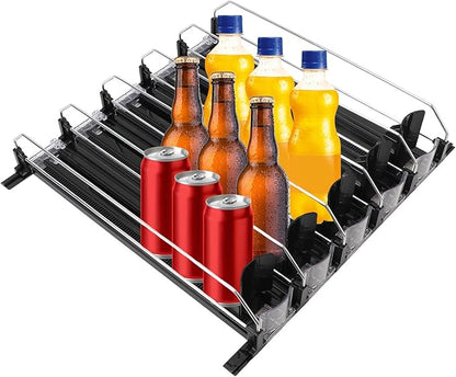 Drink Organizer for Fridge, 18.9x15.0x3.1in Soda Can Dispenser for Refrigerator, 5 Rows Adjustable Automatic Pusher Glide Drink Dispenser for Beer Beverages (Black)