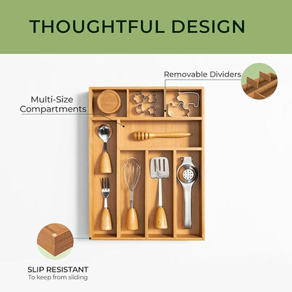 Carbonized Bamboo Kitchen Drawer Organizer, 8 Slots Silverware Organizer, Utensil Holder & Cutlery Tray, 2.2" Deep for Extra Capacity, Non-Slip Feet Included