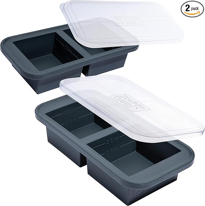Souper Cubes 2 Cup Silicone Freezer Molds with Lids – Soup Cubes for Freezing Lasagna, Leftovers, Soups, Sauces, Casseroles, Meal Prep Meals and More – Charcoal 2-Pack