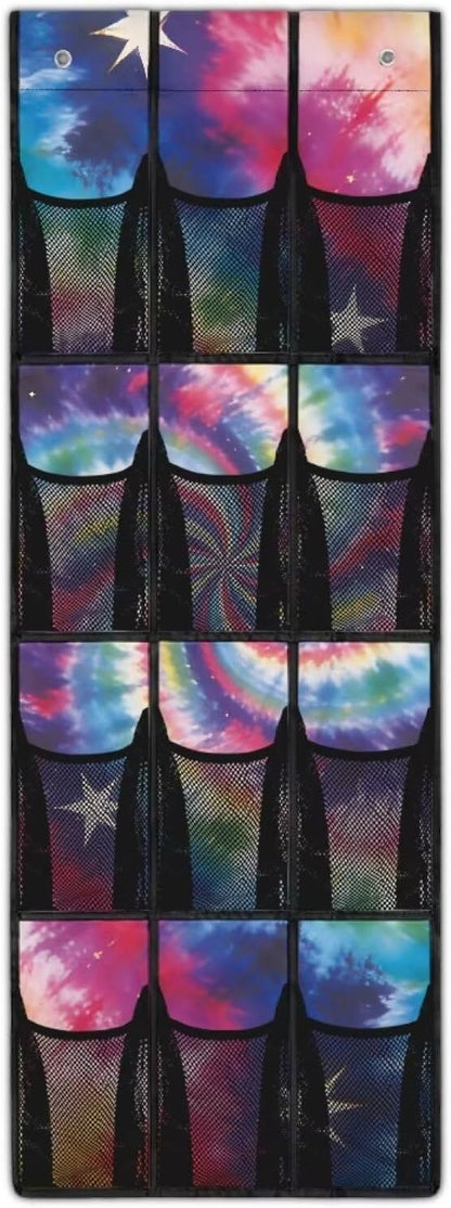 Tie-Dye Star Over Door Shoe Organizer, 12 Multi-Color Mesh Pockets Bohemian Style Hanging Storage for College Dorm & Teen Room Shoes & Accessories