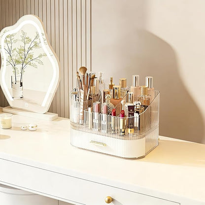 Makeup Organizer with 360° Rotating Brush Holder and Stackable Drawers, Cosmetic Display Case for Vanity, Bathroom Countertop (White, 2 Layer)