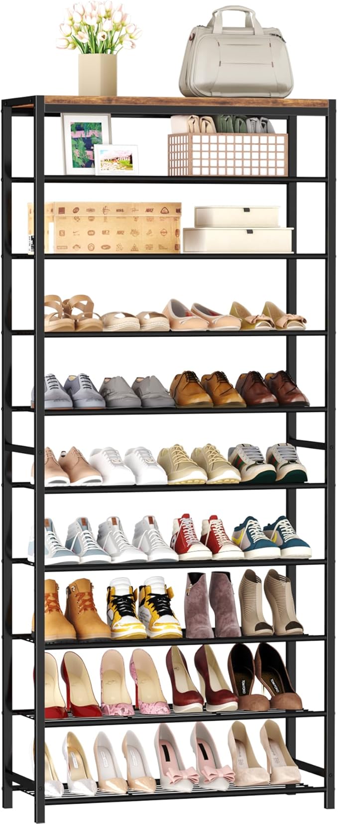 HOMEFORT 10 Tiers Shoe Rack Organizer,30" Shoe Storage Shelf for Closet, Shoe Rack for Entryway,Holds 36-40 Pairs of Shoe, Tall Shoe Stand with Metal Shelves and MDF Top Board,Rustic Brown