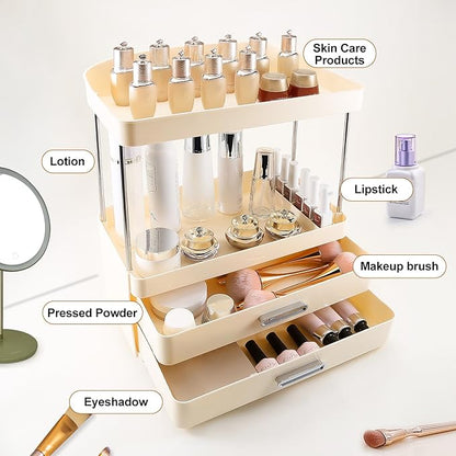 DASITON 4 Tiers Makeup Organizer, 2 Drawers Large Cosmetic Organizers for Vanity Bathroom Countertop, Bathroom Organizers and Storage for Skincare, Cosmetic, Perfume, Dresser Organizer (Cream+Cream)