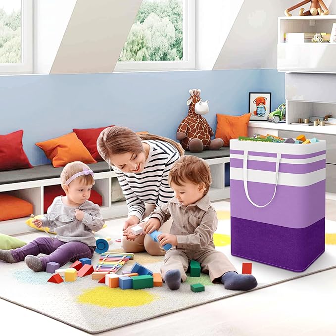 StorageRight Large Collapsible Laundry Basket Hamper with Easy Carry Handles，Freestanding Clothes Hampers for Laundry, Bedroom, Dorm, Towels, Toys, 75L, Purple