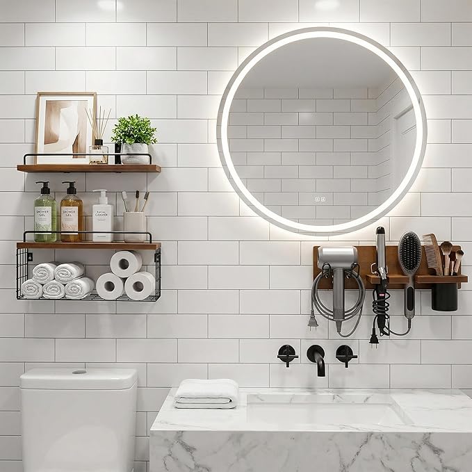 3-Tier Bathroom Floating Shelves with Curling Iron Holder & Hair Tool Organizer, Wall Mounted Rustic Wood Storage Rack Over Toilet with Hair Dryer Holder for Bathroom Decor & Organization