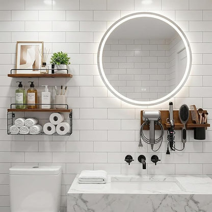 3-Tier Bathroom Floating Shelves with Curling Iron Holder & Hair Tool Organizer, Wall Mounted Rustic Wood Storage Rack Over Toilet with Hair Dryer Holder for Bathroom Decor & Organization