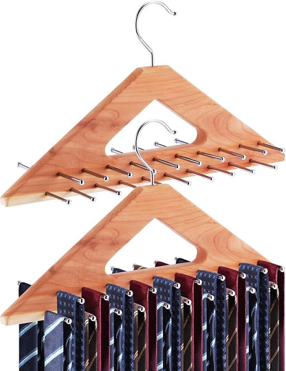 Leinuosen 2 Pack Cedar Tie Organizer Wooden Neck Tie Hook Organizer Storage up to 40 Ties Convenient Storage for Neckties, Belts, Hats