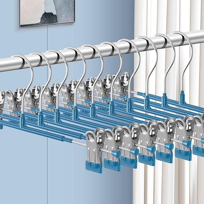 Pants Hangers with Clips 10 Pack Adjustable Skirt Hangers for Women Non-Slip Trousers Hanger for Jeans Clothes Hangers for Pants Heavy Duty Space Saving Shorts Hangers,Blue,12Inch