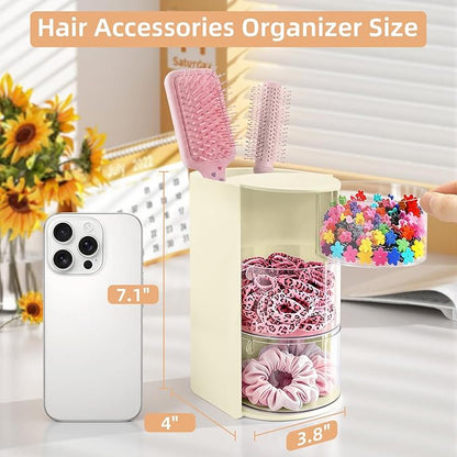 neotidy Hair Accessories Organizer with Hair Brush Holder, Rotating Hair Tie Product Organizer for Girls, 3-Tier Makeup Brush Holder for Clips, Bows & Brushes (Beige, 3-Tier)