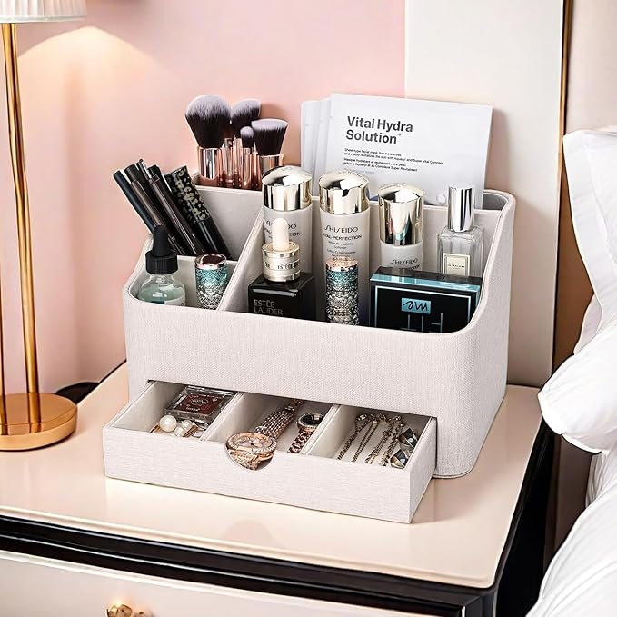 KINGFOM Leather Makeup Organizer with Drawer, Cosmetic Storage for Dresser Countertop and Bathroom Vanity, Beauty Holder for Lipstick Brush Skincare (Beige)