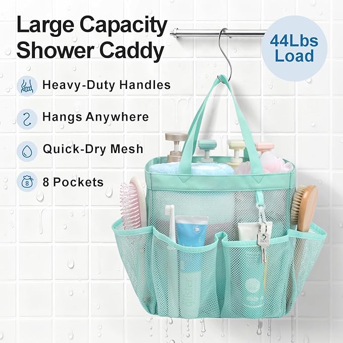 F-color Mesh Shower Caddy Portable, Upgrade Deeper 7 Pockets Shower Bag Basket Tote for College Dorm Room Toiletry Bathroom Essentials Gym Camp Quick Dry 2 handles with S Hook, Sage Green