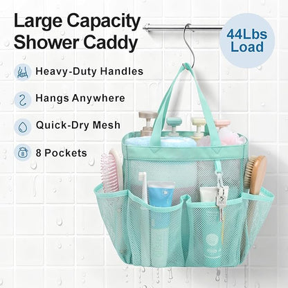 F-color Mesh Shower Caddy Portable, Upgrade Deeper 7 Pockets Shower Bag Basket Tote for College Dorm Room Toiletry Bathroom Essentials Gym Camp Quick Dry 2 handles with S Hook, Sage Green