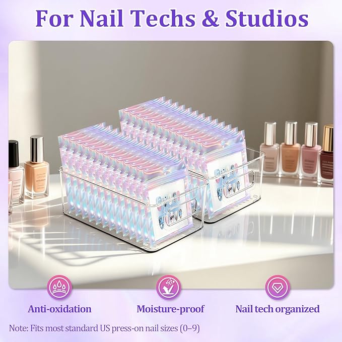 100PCS Press on Nail Packaging Bag, 100PCS Display Card with 231 Pcs Pre-cut Adhesive Tape & Diamond Art Pens & Glue Clay & Tweezers, 6-in-1 Set for Nail Display (Laser)