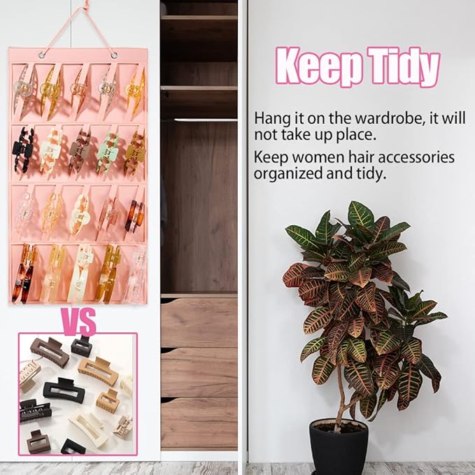 Premium Felt Hanging Claw Clip Organizer - Large Capacity for Girls & Women Hair Clips - Bows Display Stand for Wall, Door or Closet (Pink)